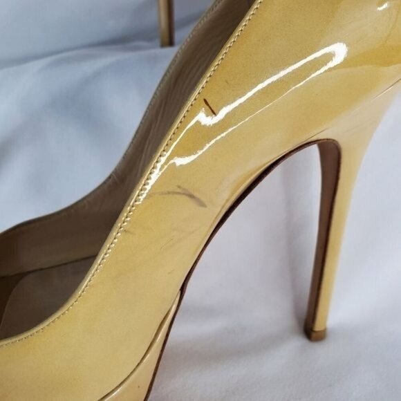 Jimmy Choo Patent Leather Luna “Nude” Tan Crown Open Toe Platform Pump Heel, 37 - Picture 5 of 14
